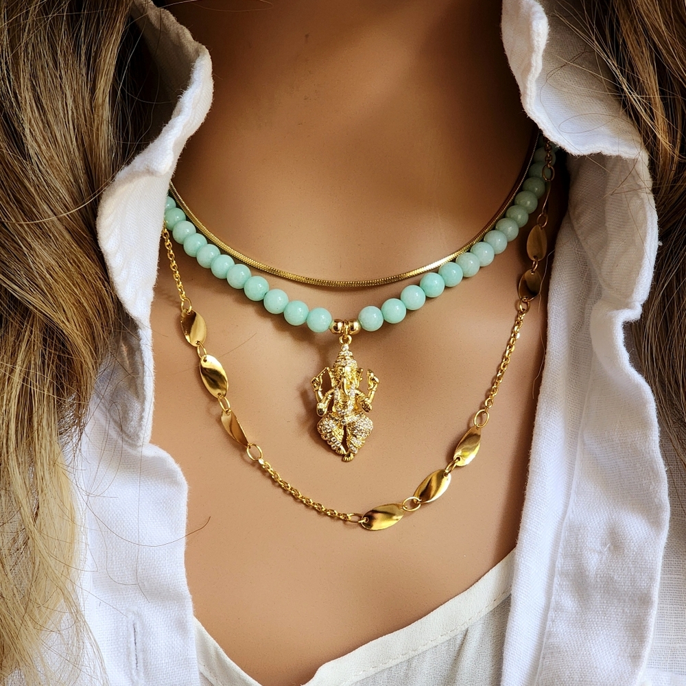 Natural Amazonite Stone Necklace 14K Gold plated Wealth Ganesh White Topaz